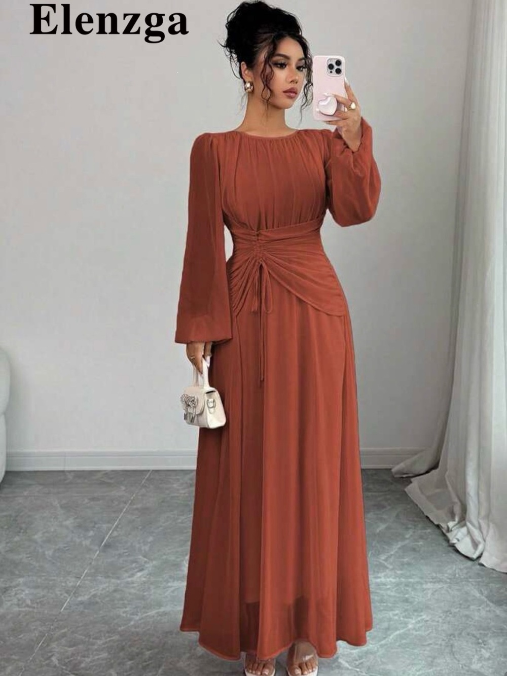 SHEIN Rust Long Sleeve Ruched Waist Maxi Dress